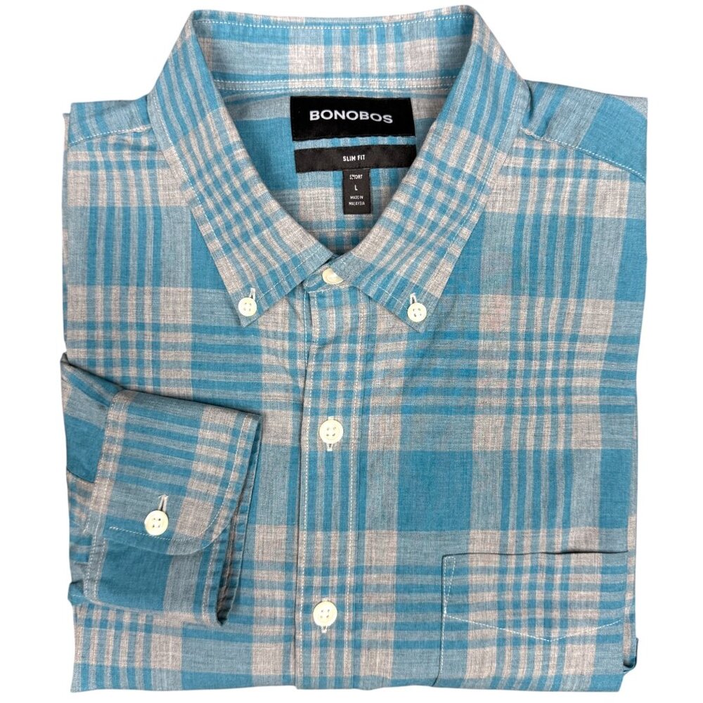 EUC Men's BONOBOS Slim Fit Button-Down Long Sleeve Chambray Plaid | Size L/Short